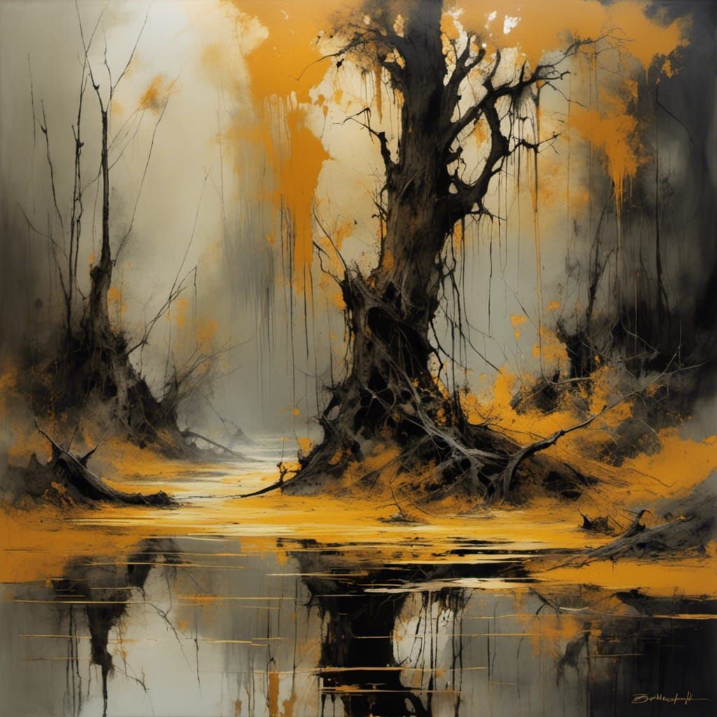 Sinister Golden Swamp Landscape in Fluxus Style