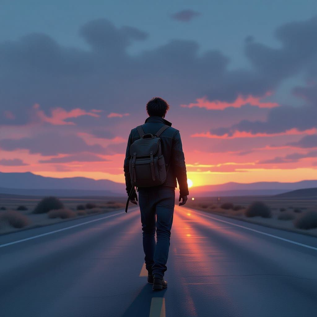 Lone Traveler on Deserted Highway in Digital Painting Style