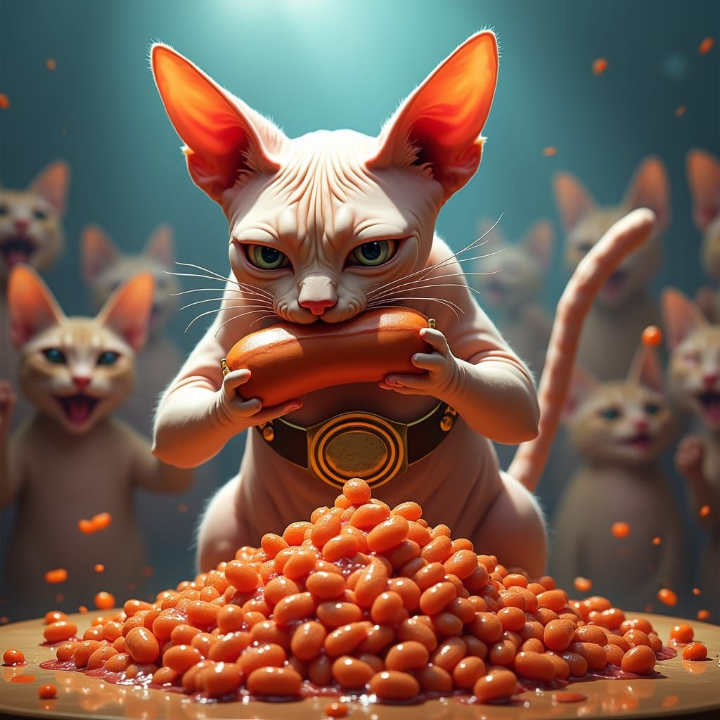 Sphynx Cat Wins Hot Dog Contest in Photorealistic Style