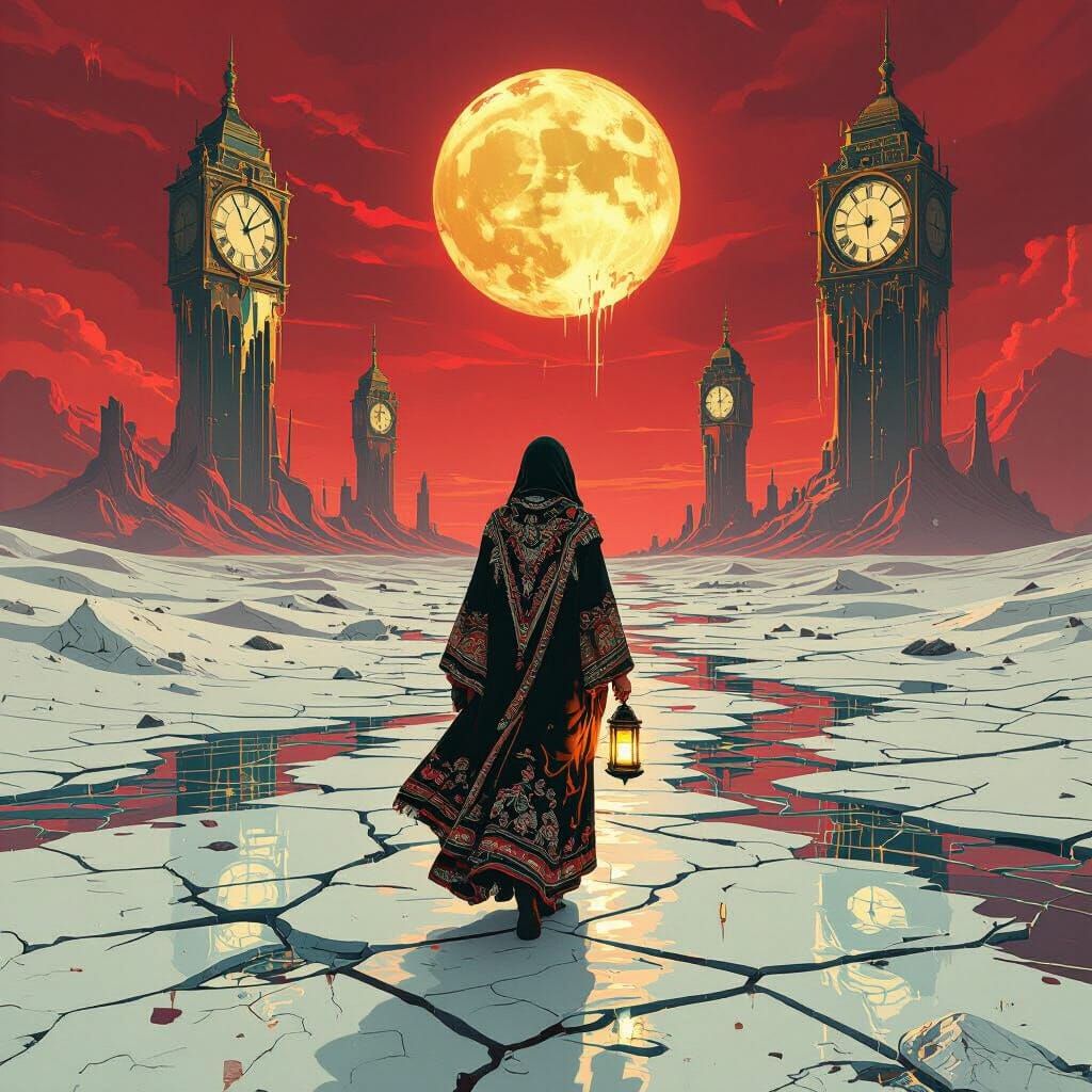 Surreal Desert Walker with Flowing Clock Towers