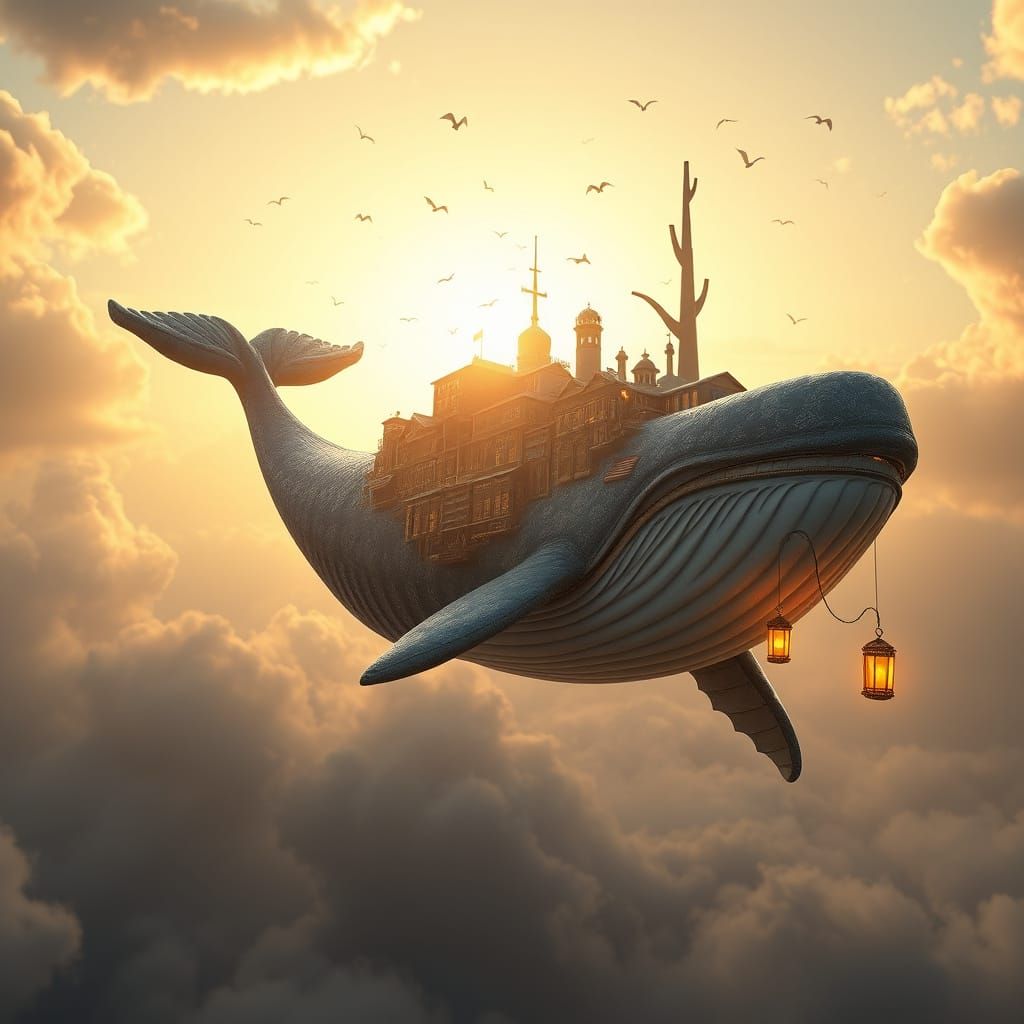 Whale Library Drifting in Dreamy Fantasy Realism