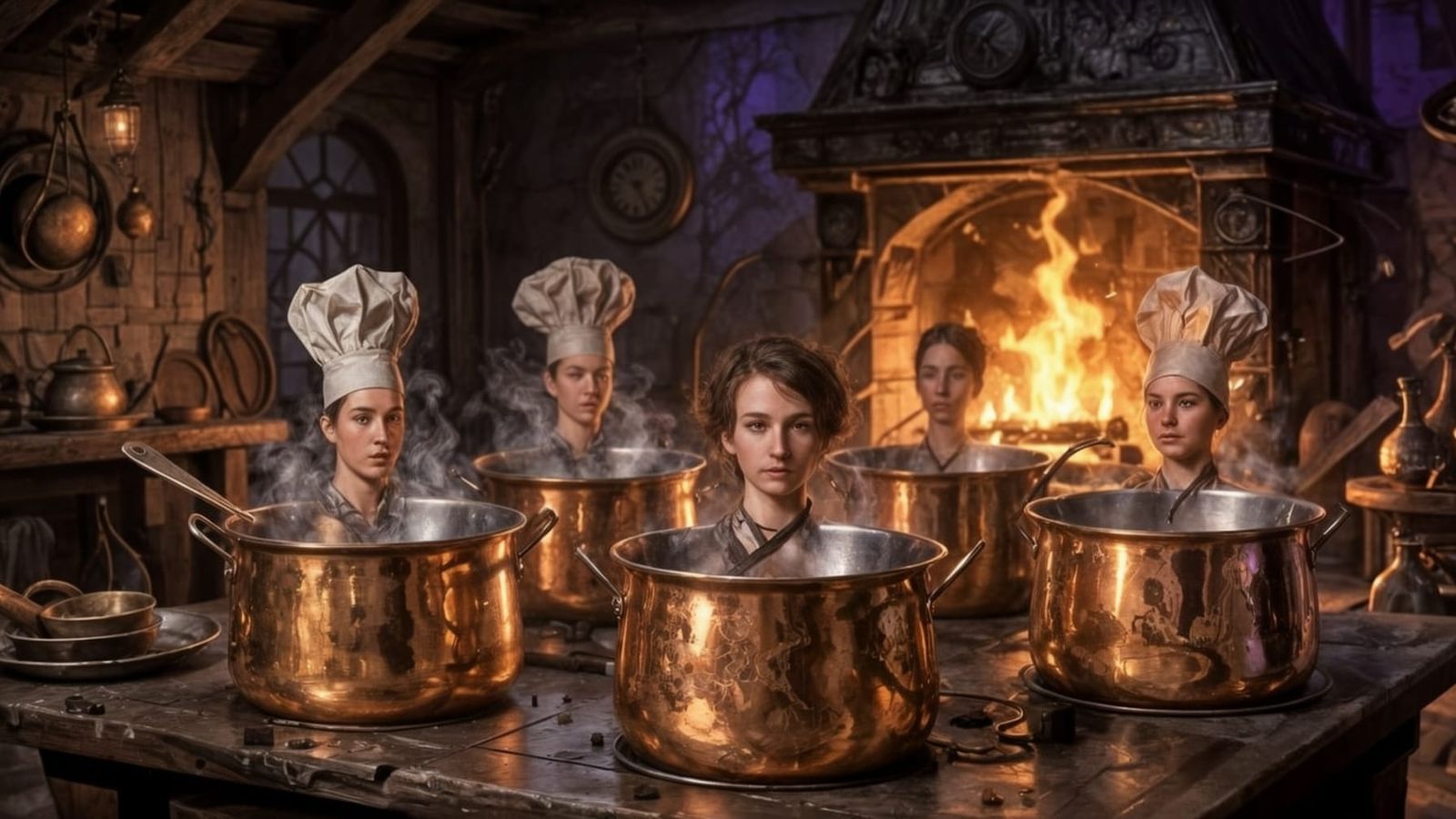 Medieval Kitchen Copper Pots Reflecting Cook's Faces