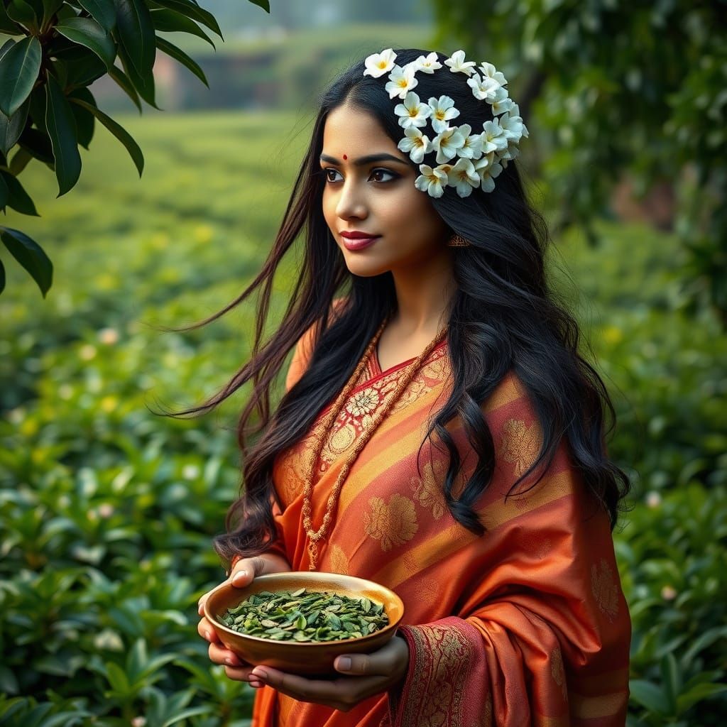 Indian Beauty in Lush Tea Garden with Jasmine Flowers and Go...