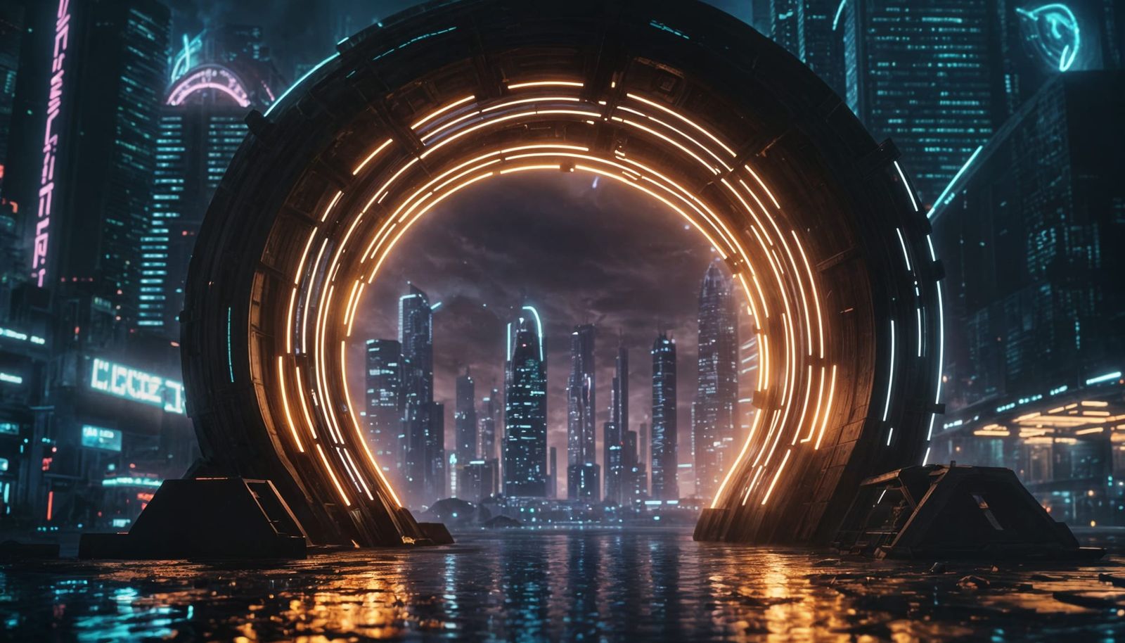 Surreal Portal to Prehistoric Land in Futuristic City
