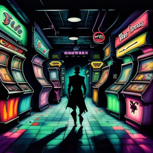 Pixel Hero Emerges From Arcade Cabinet in Dark Mall