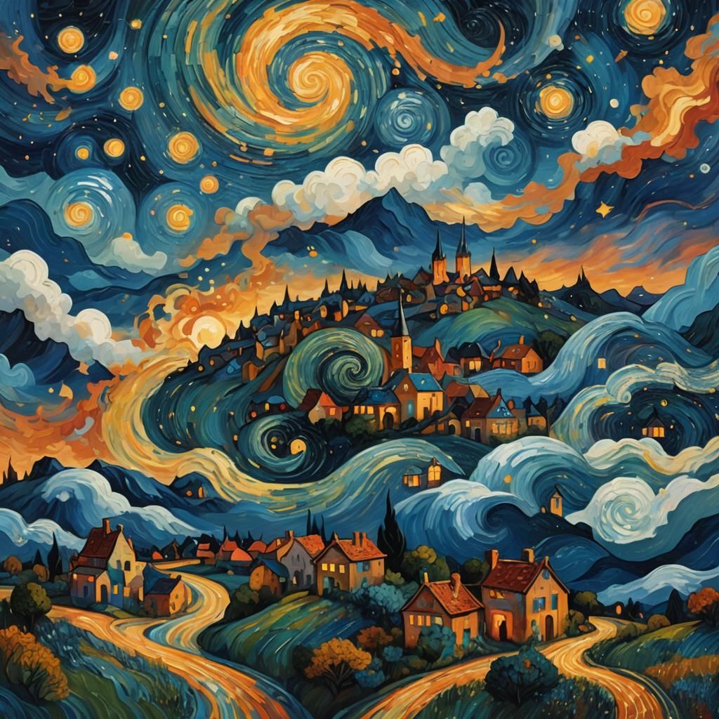 Dreamy Starry Night Landscape in Van Gogh Style