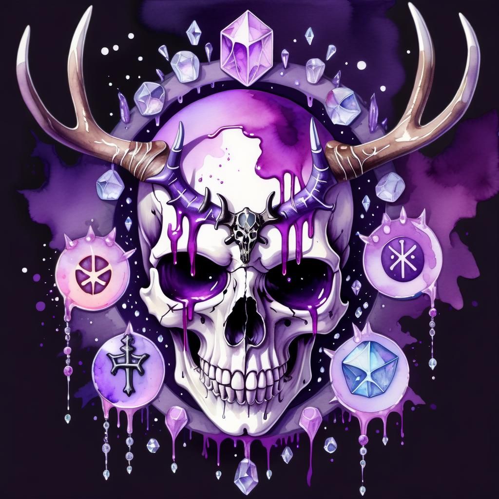 Pastel Goth Skull with Antlers in Watercolour