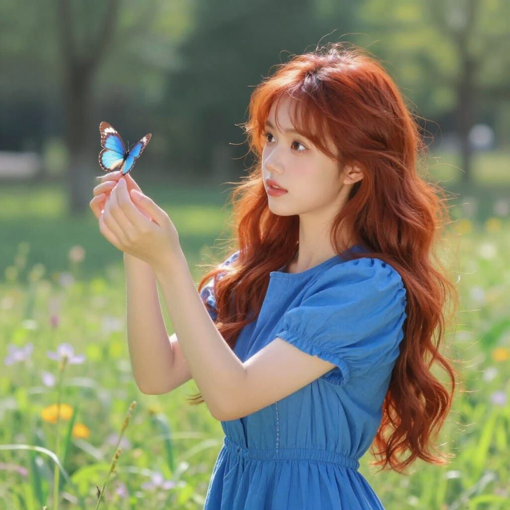 Woman Reaching for Butterfly in Sun-Dappled Meadow