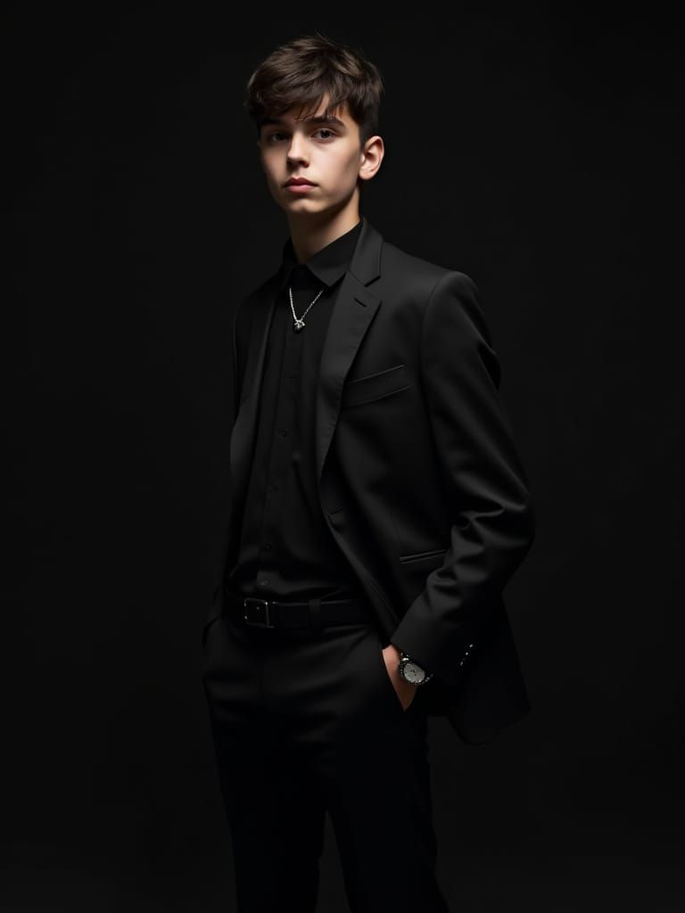 Teenage Boy in Black Suit: Moody Cinematic Portrait