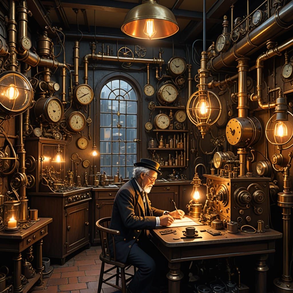 Whimsical Steampunk Inventor in Dimly Lit Workshop