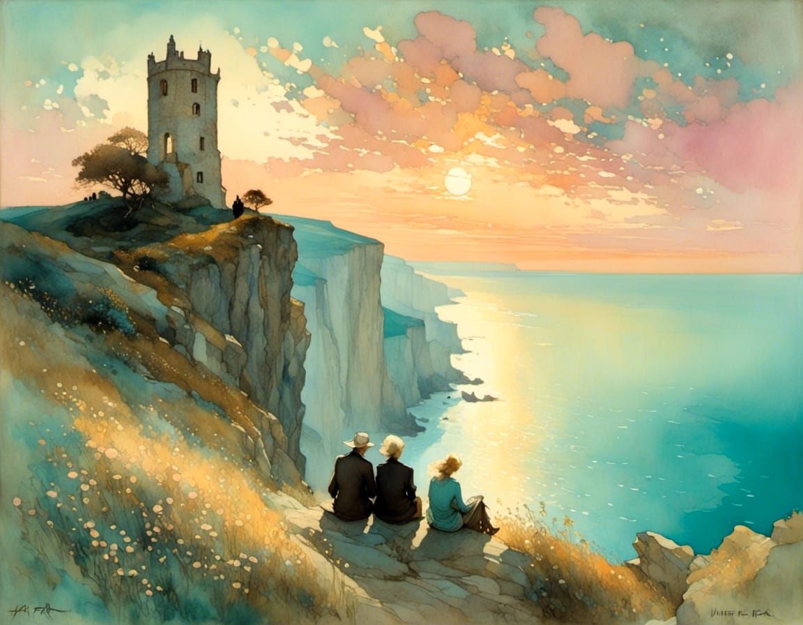 Romantic Sunset on Ancient Cliffside with Turquoise Ocean