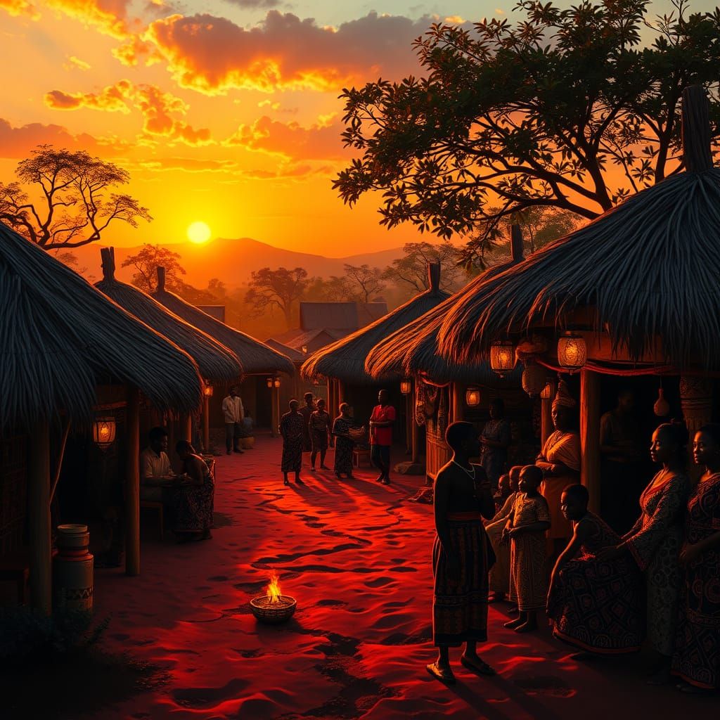 Vibrant African Village at Dusk: Folkloric Art