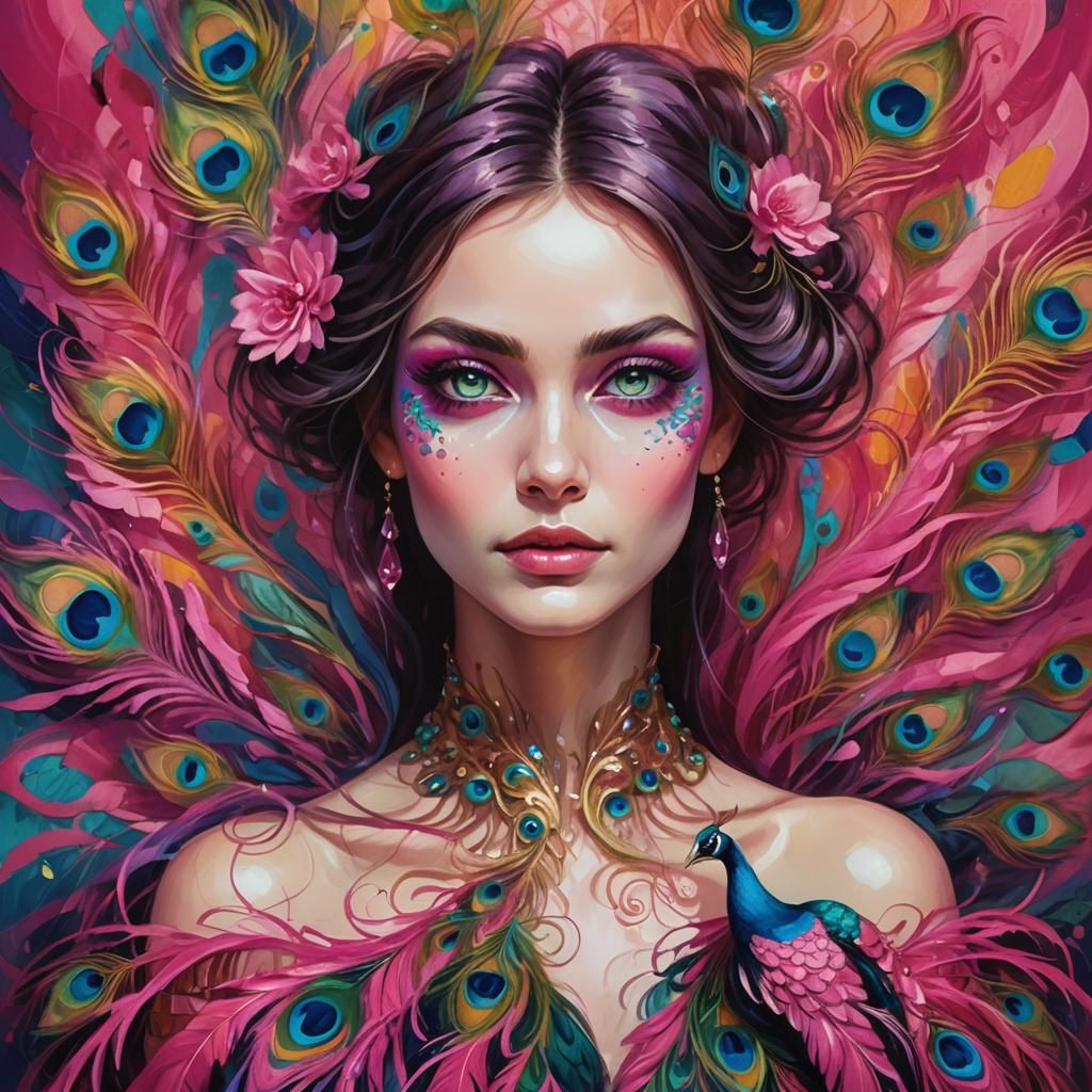 Peacock Woman Portrait in Fantasy Oil Painting Style