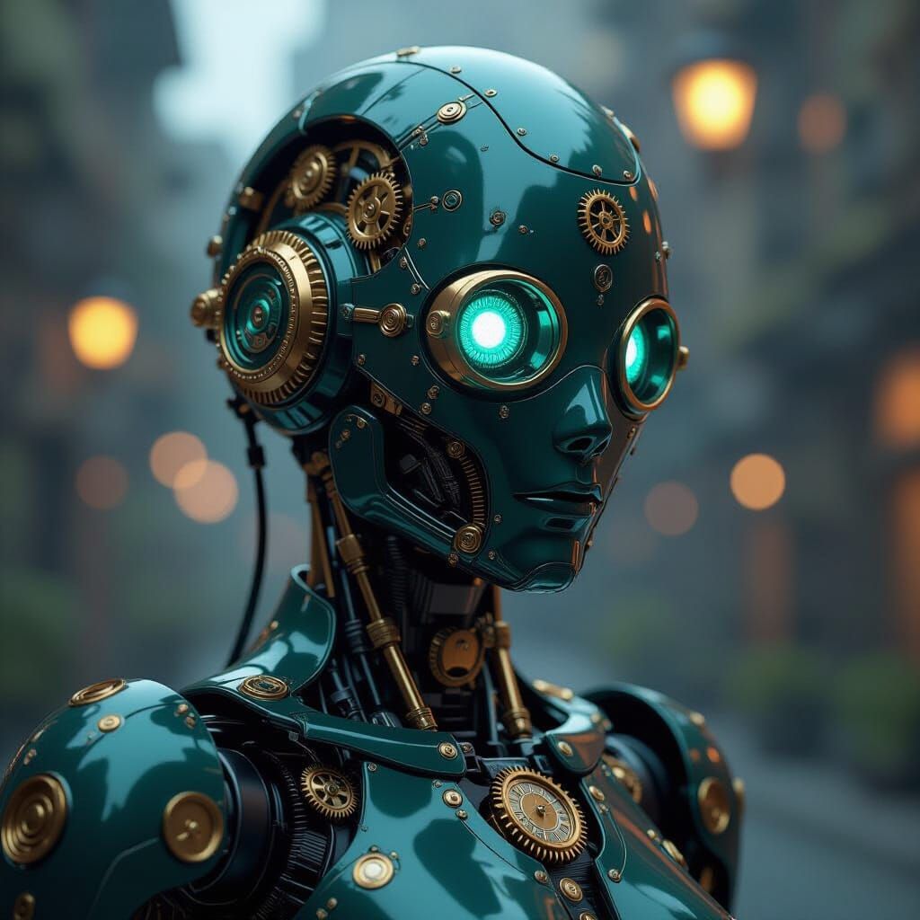 Steampunk Robot with Glowing Eyes and Clockwork Mechanisms