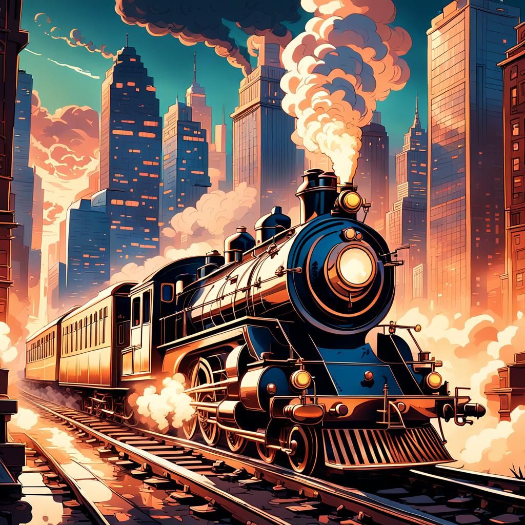 Retro-Futuristic Steam Train in Modern Cityscape