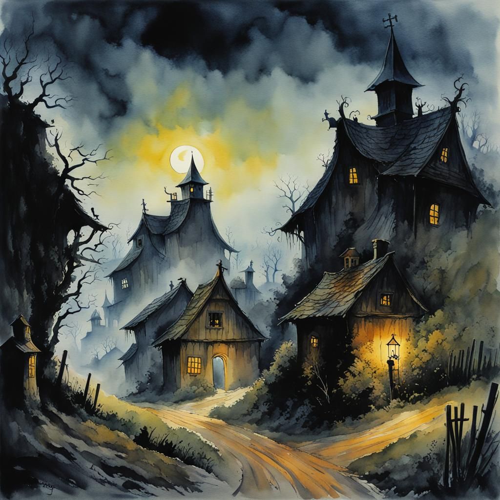 Scary Countryside Village in Watercolor Style