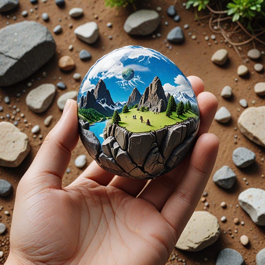 A hand holding a rock with a miniature world on it