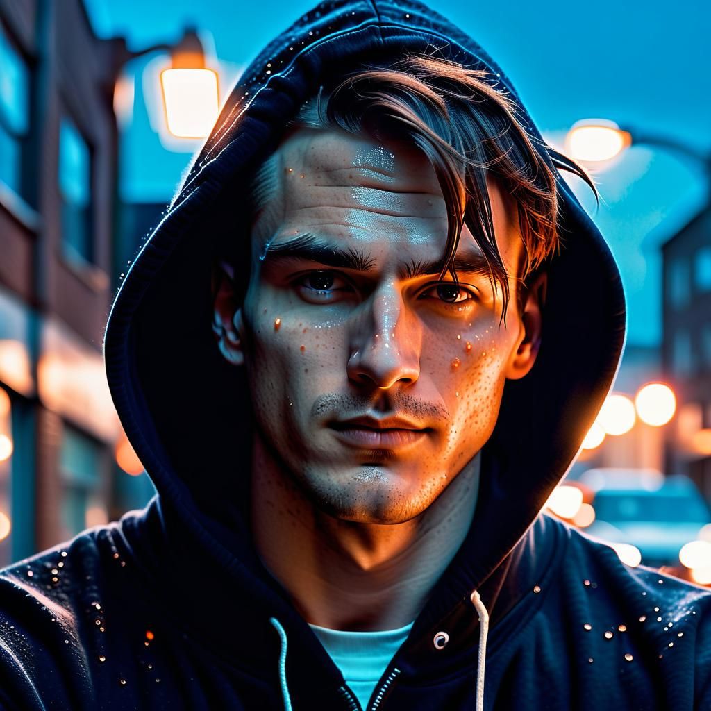 Young Man with Gloves in Moody Cinematic Lighting