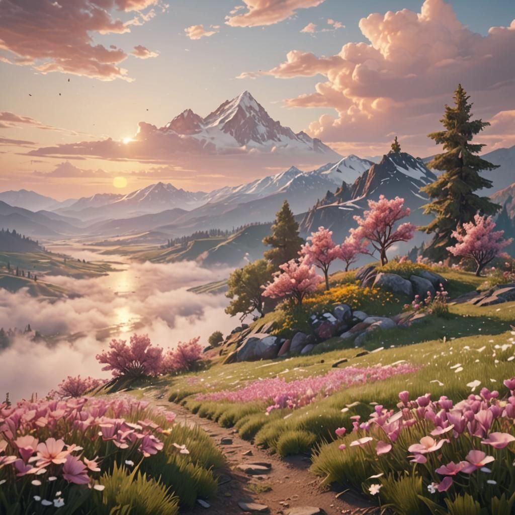 Vibrant Flower Field and Snowy Mountains in 3D