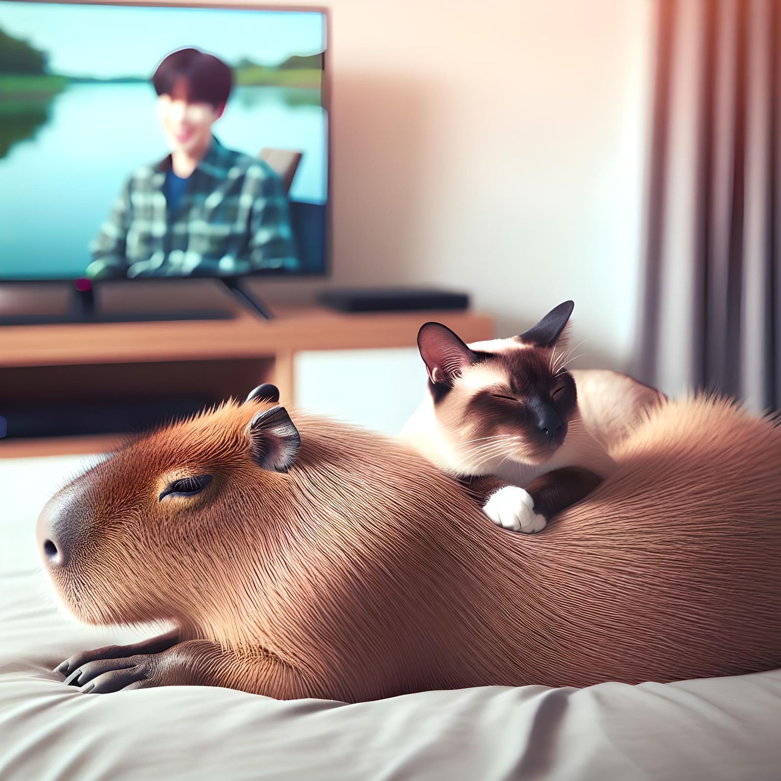 Capybara Watching TV with Siamese Cat