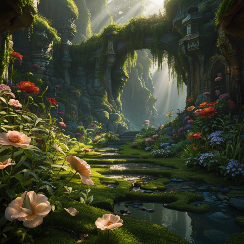 Enchanted Mystical Forest with Rainbow and Water Reflections