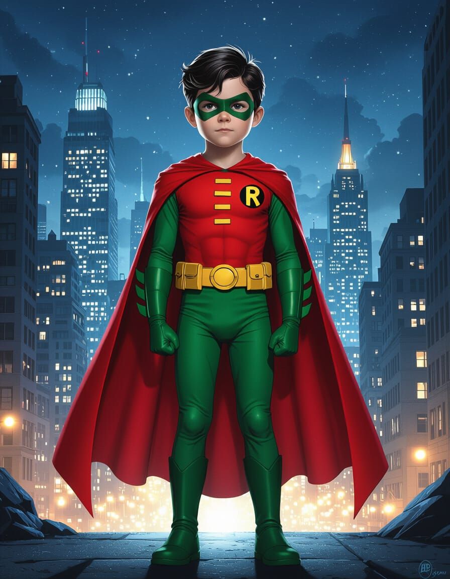 Robin Cosplayer in Spandex Before Night Cityscape