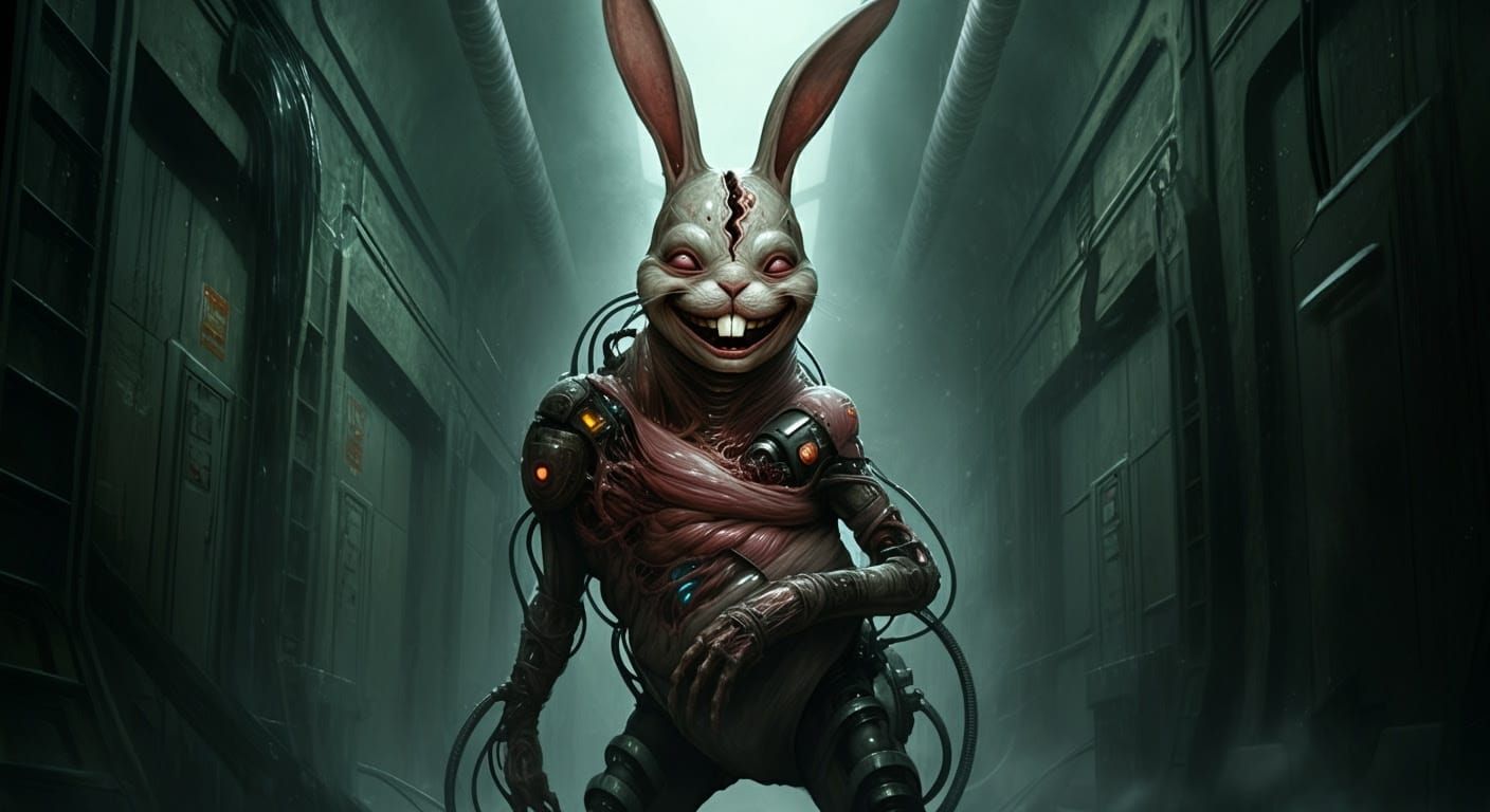 Biomechanical Rabbit Monstrosity Laughing in Industrial Corr...