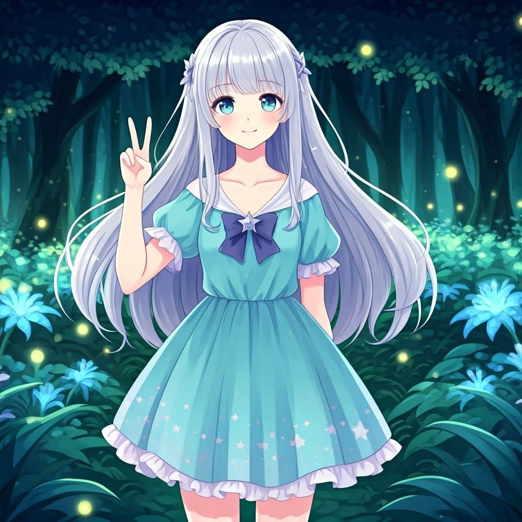 Magical Girl in Bioluminescent Forest, Manga Style