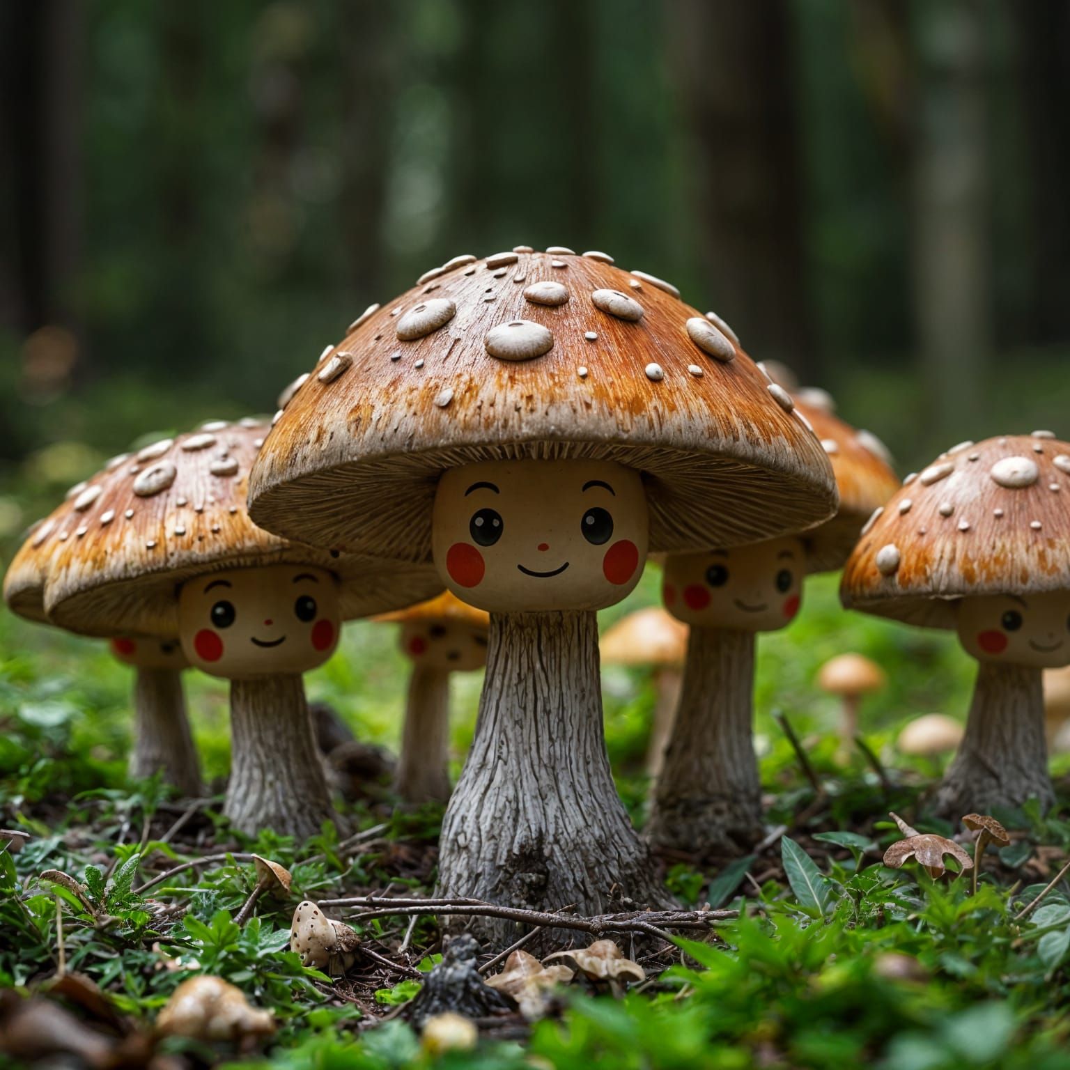 Whimsical Mushroom Characters in a Forest