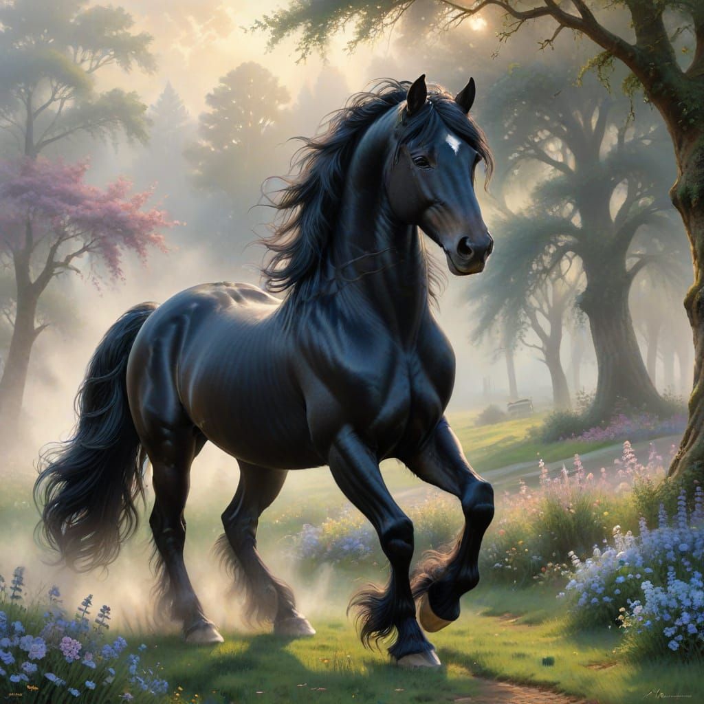 Majestic Friesian Horse in Ethereal Misty Pasture