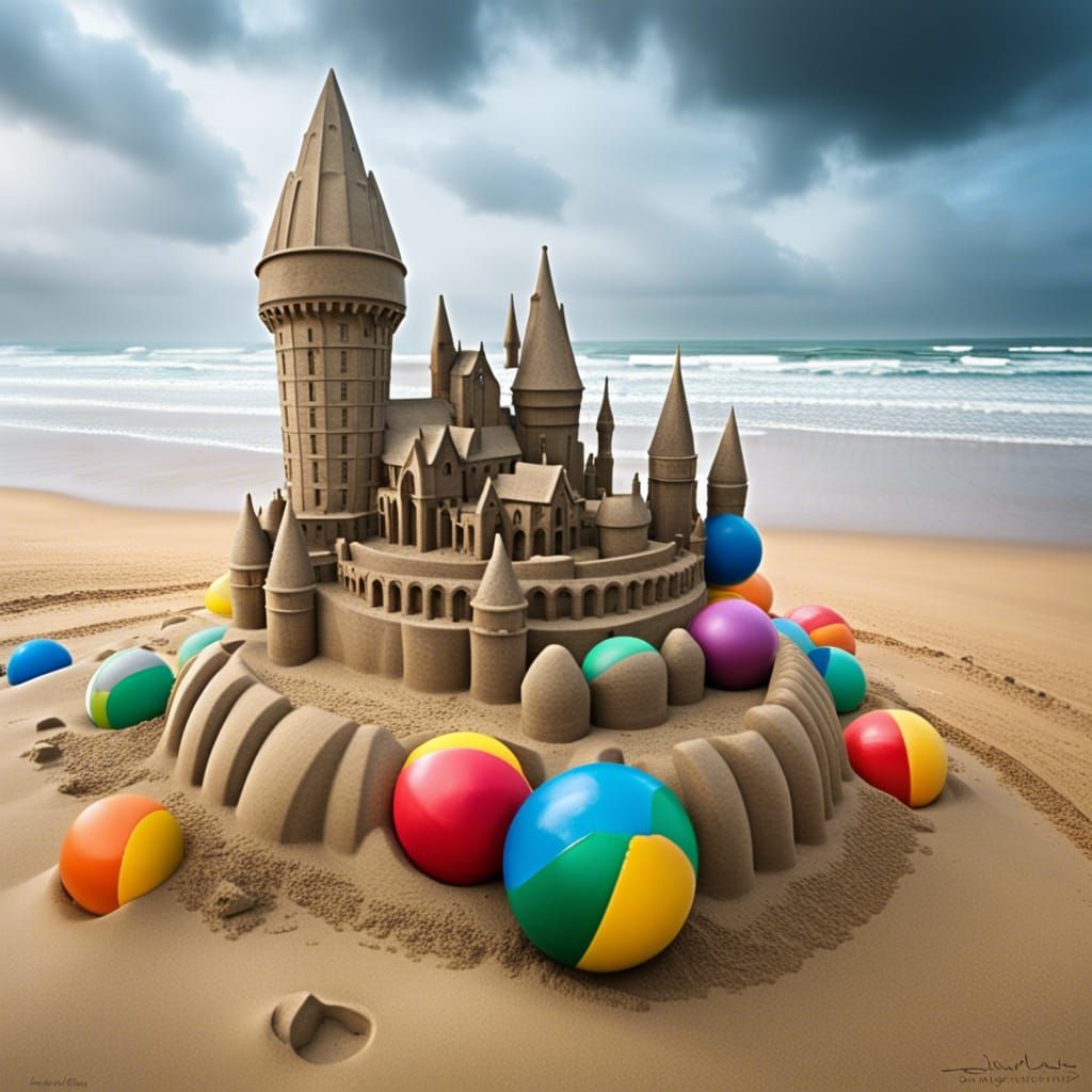 Hyperrealistic Hogwarts Sandcastle on Beach