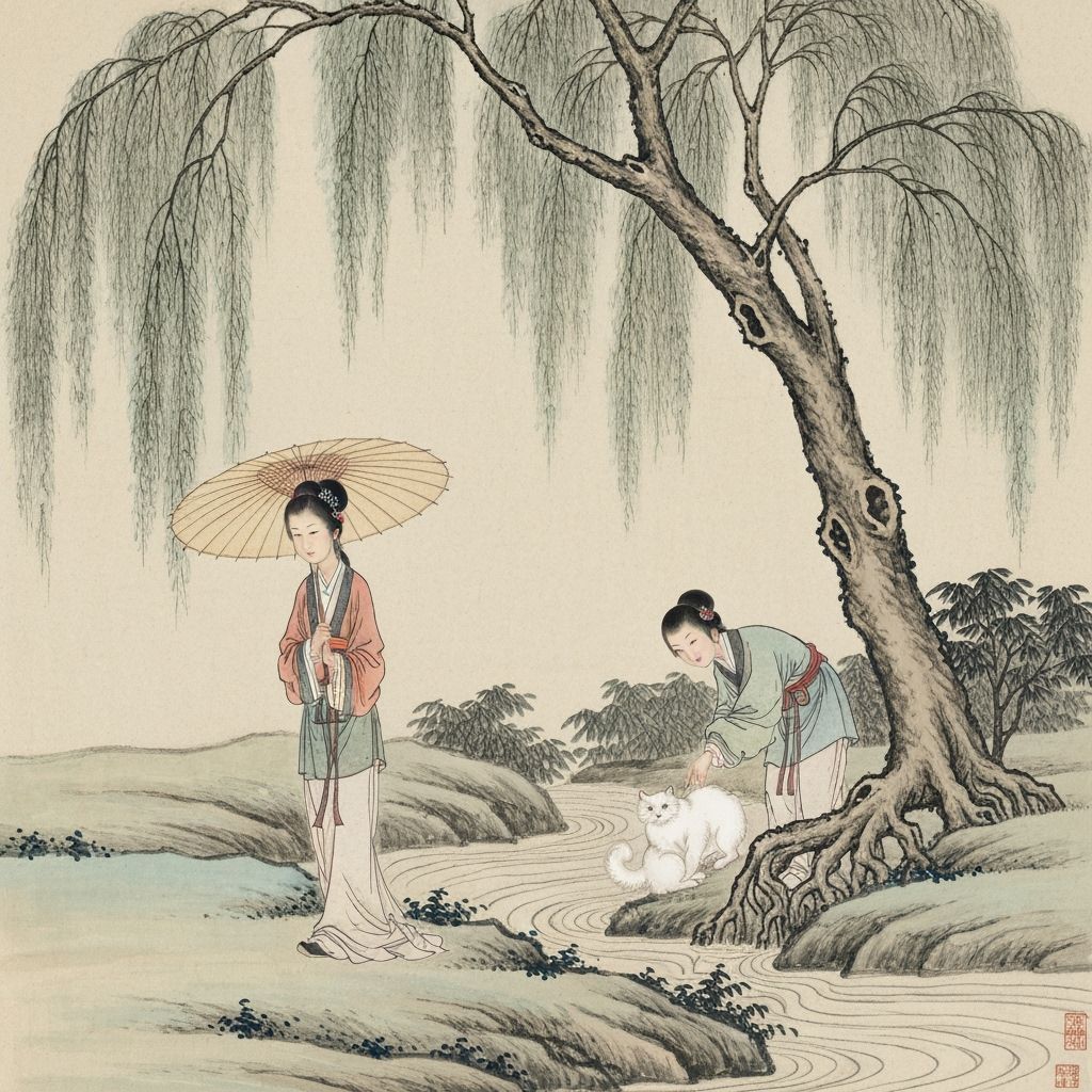 Elegant Lady with Parasol in Tang Dynasty Ink Painting