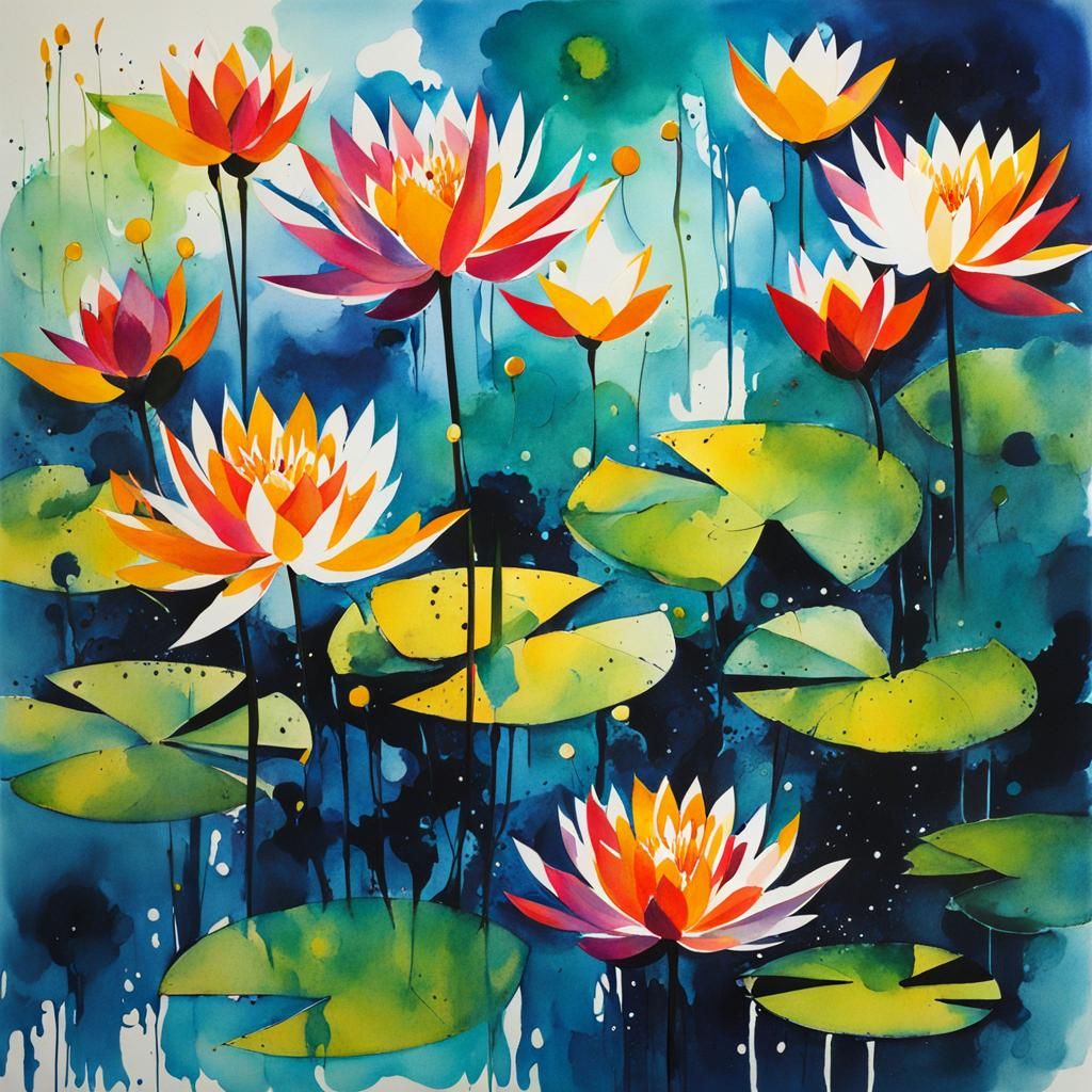 Abstract Expressionism Water Lilies in Ink