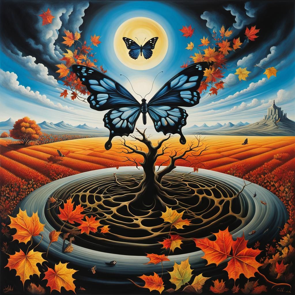 Surreal Landscape with Elastic Flora and Black Butterfly