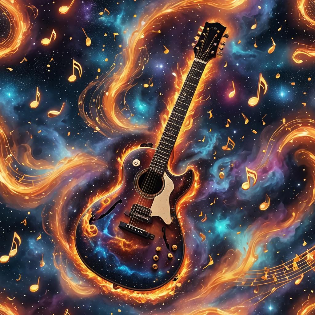 Burning Guitar in Starry Sky: Surreal Cosmic Art