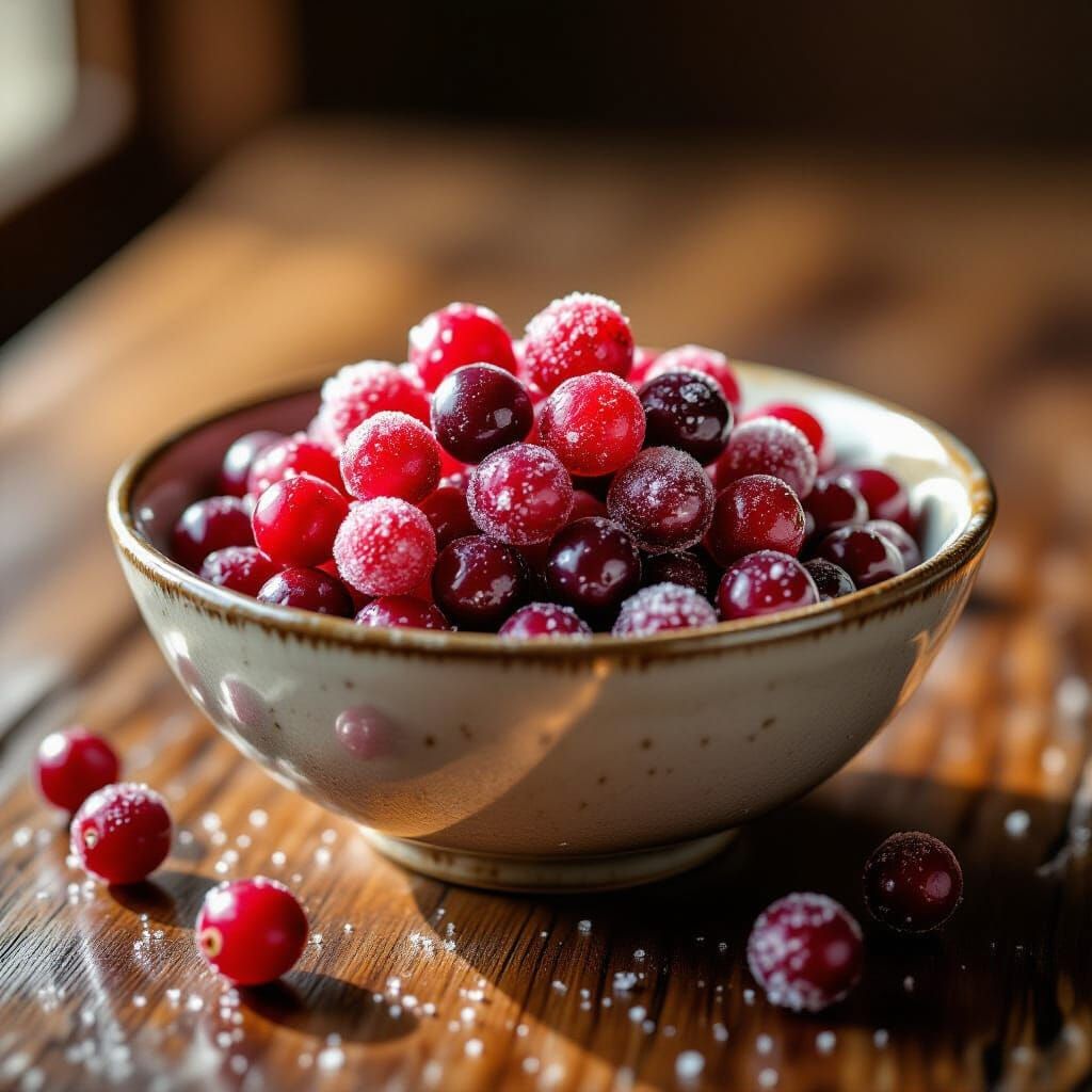 Hyperrealistic Sugared Cranberries in Rustic Bowl