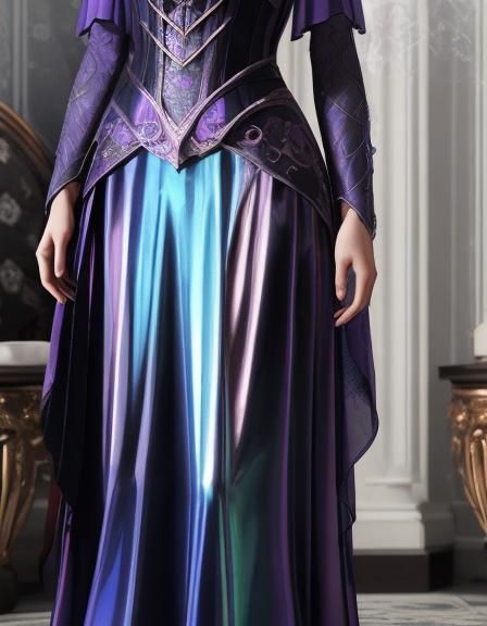 Ethereal gothic rose gold met gala dress with rose gold Silk with vibrant purple accents& cobalt blue accents& long flow...