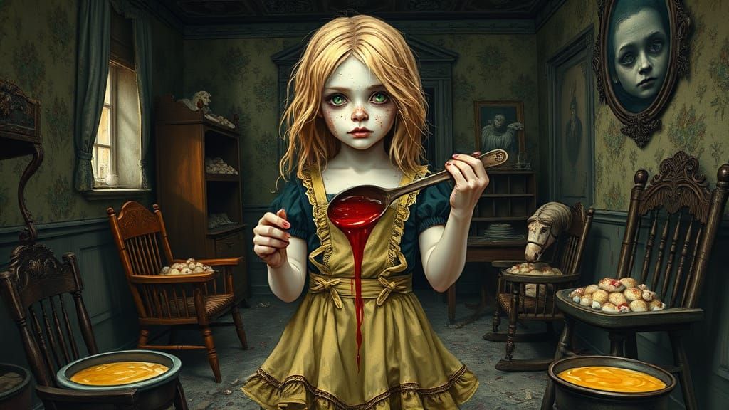 Gothic Goldilocks in Decayed Nursery, Dark Fantasy Art