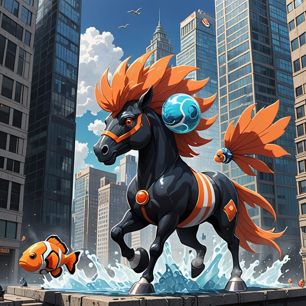 Horse-Clownfish Pokemon on Sunken Skyscraper