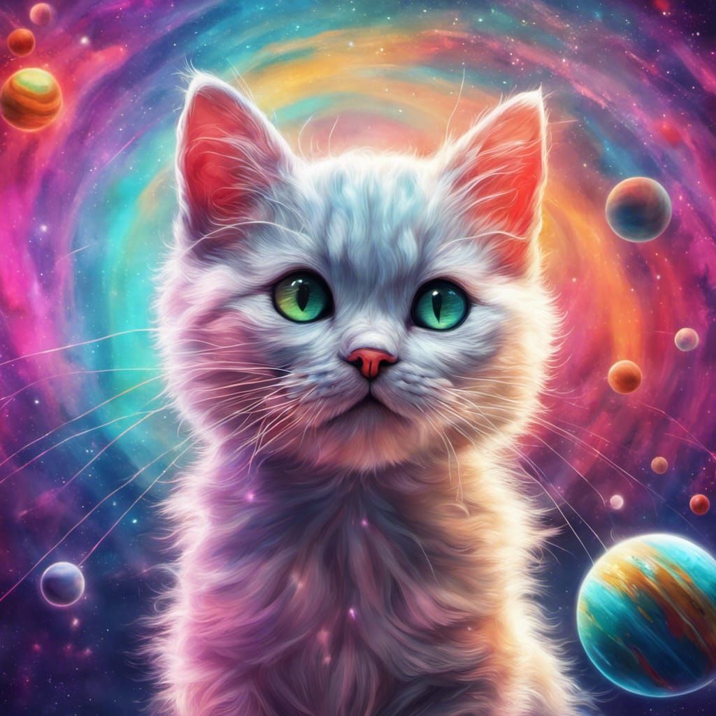 Super Cute Kitty with Neon Yarn in Space