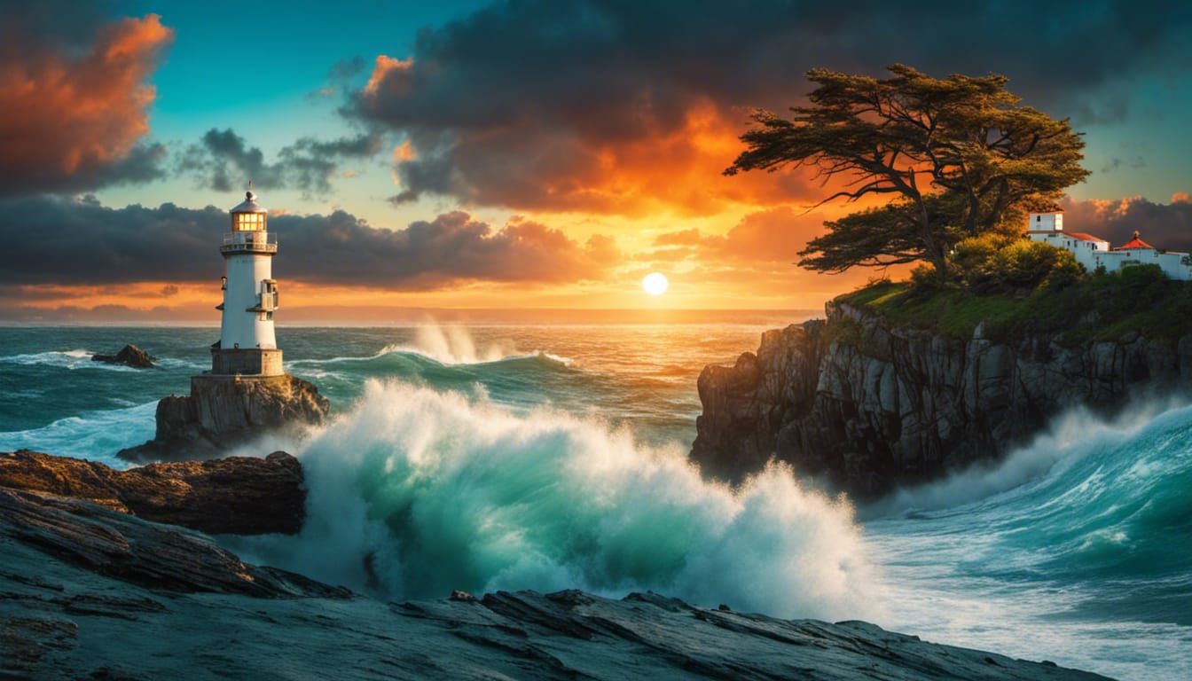 Magnificent Seascape with Lighthouse at Sunset