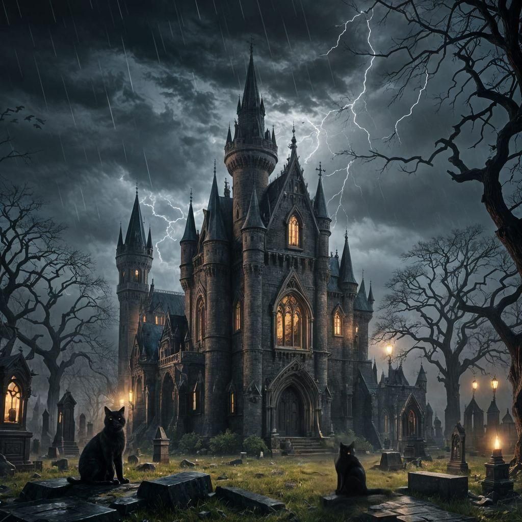 Gothic Castle With Black Cat in Graveyard