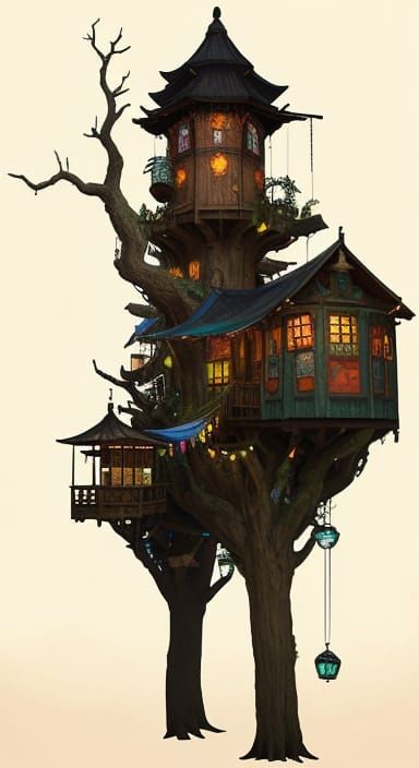 Whimsical Treehouse with Glowing Lanterns and Market