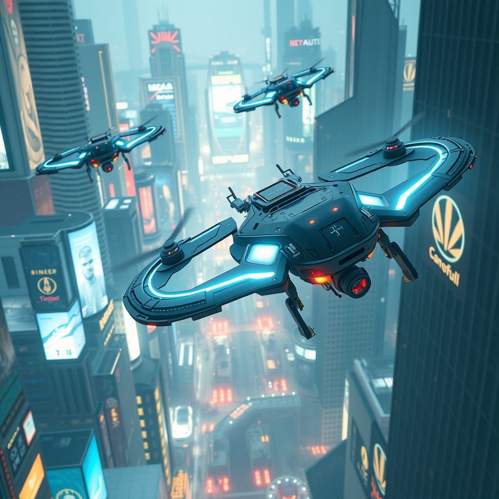 Bioluminescent Drones Over Cyberpunk Cityscape