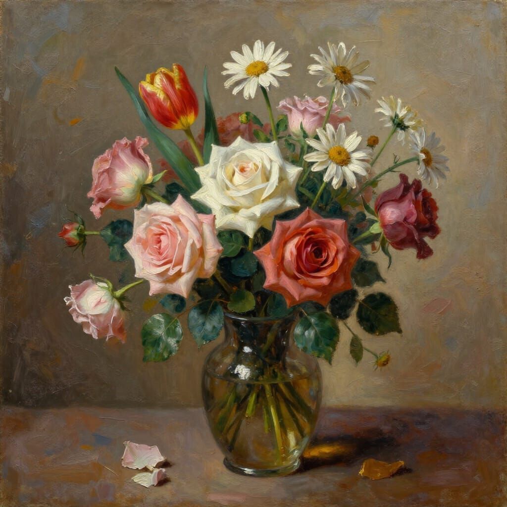 Elegant Vase of Flowers Oil Painting with Painterly Textures