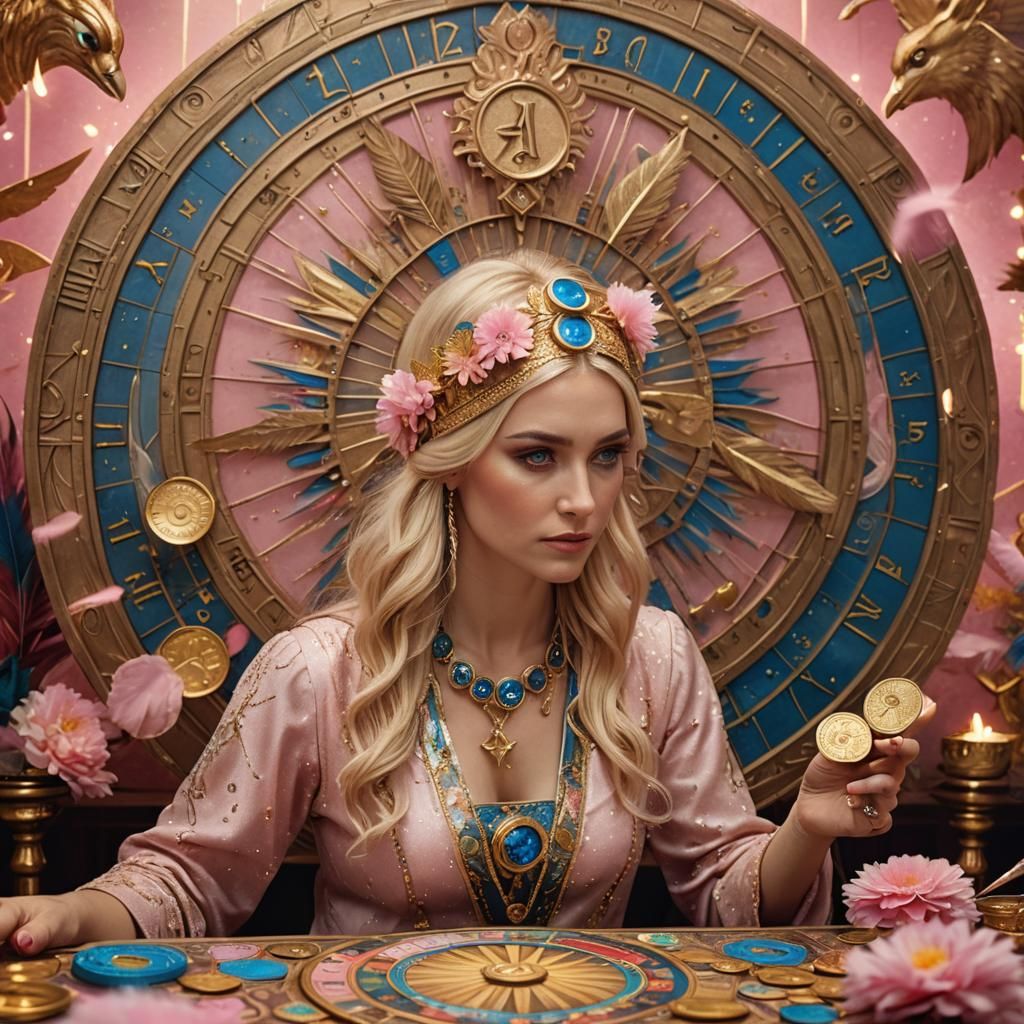 Tarot Reader at Table with Phoenix in Hyperrealistic Style