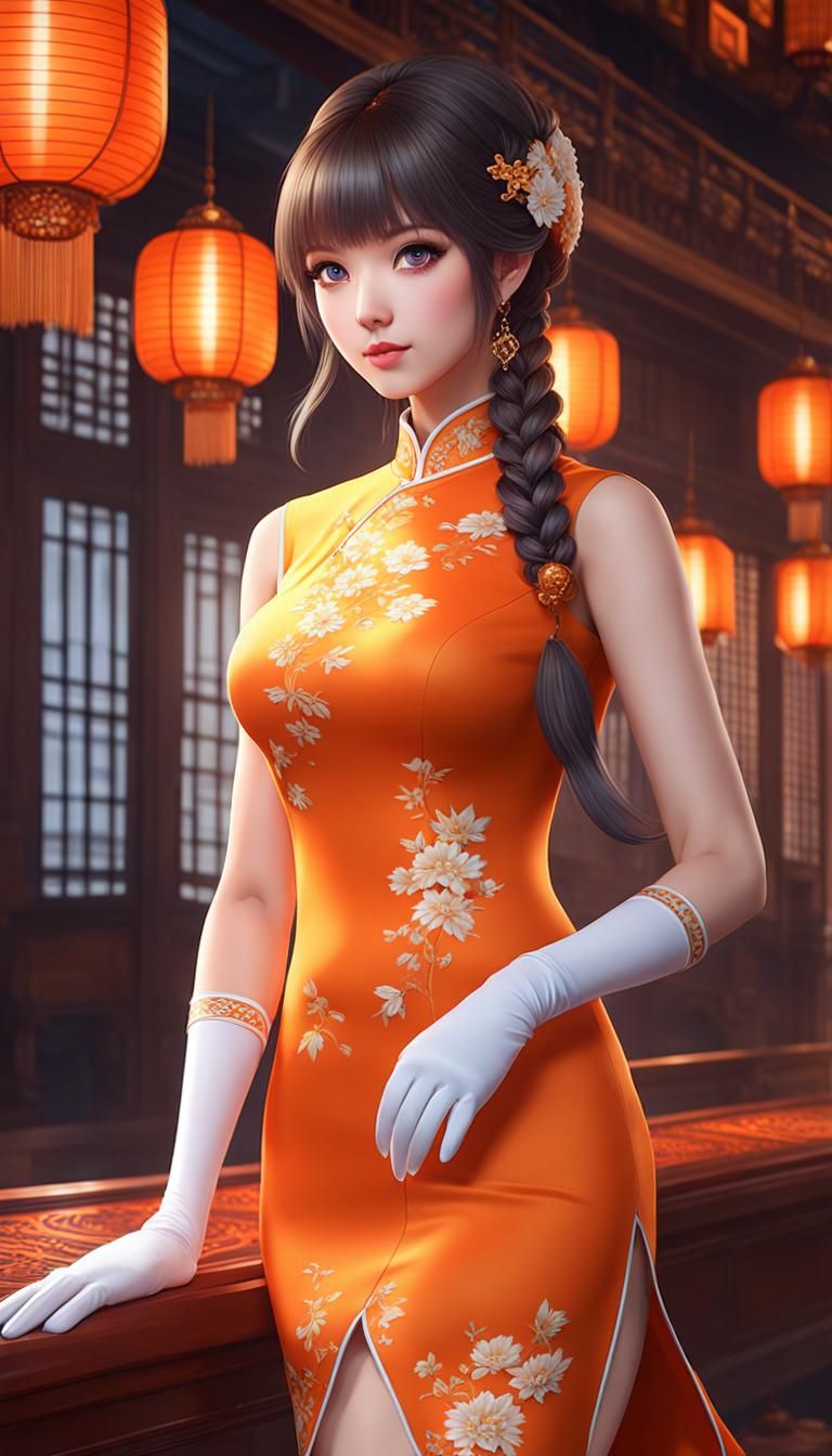 Anime Girl in Cheongsam: Detailed Digital Portrait