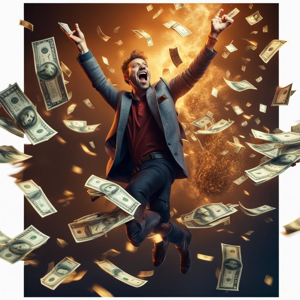 Excited Man Amidst Flying Money: Detailed Fantasy Art