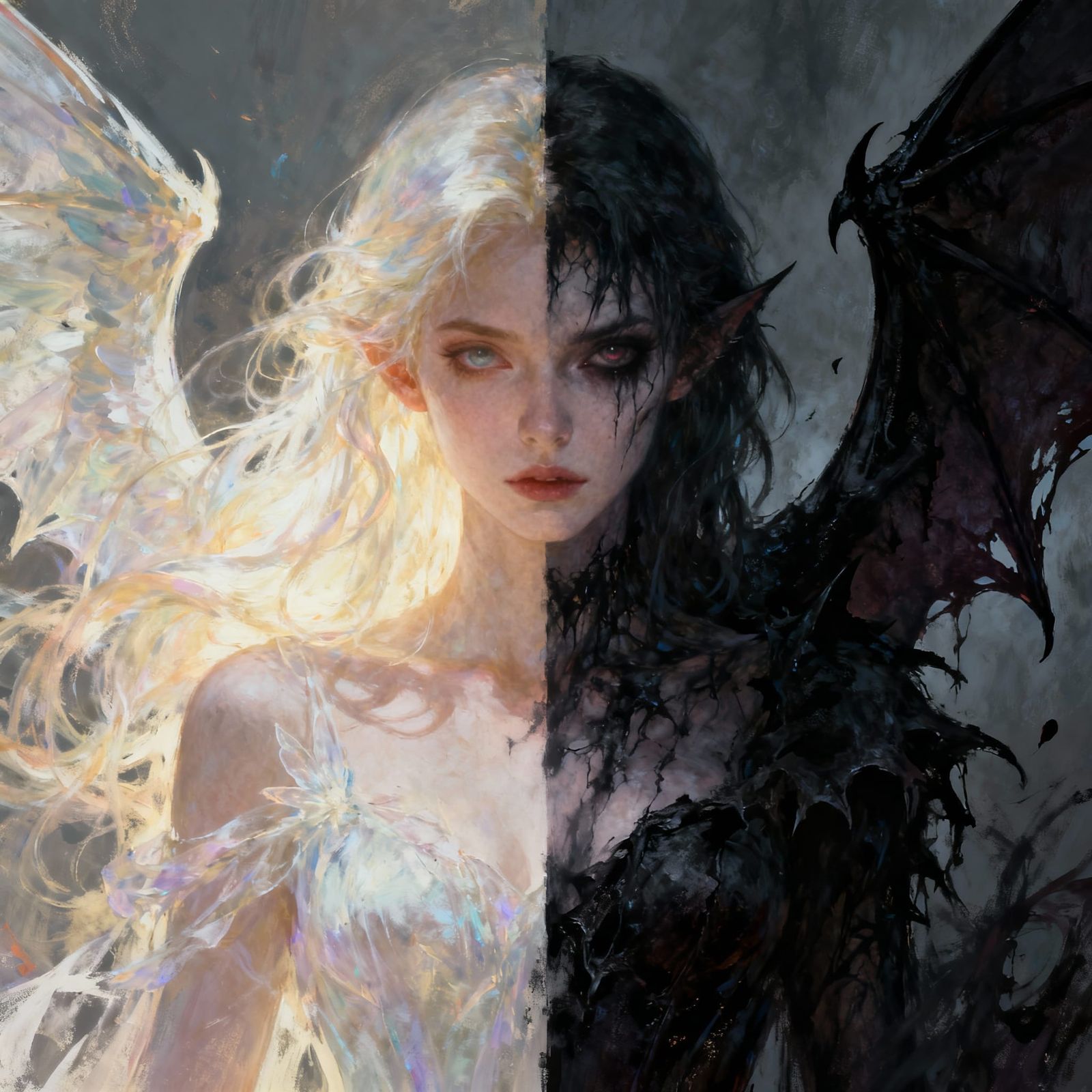 Woman's Dual Nature: Light Fantasy vs Dark Gothic Portrait