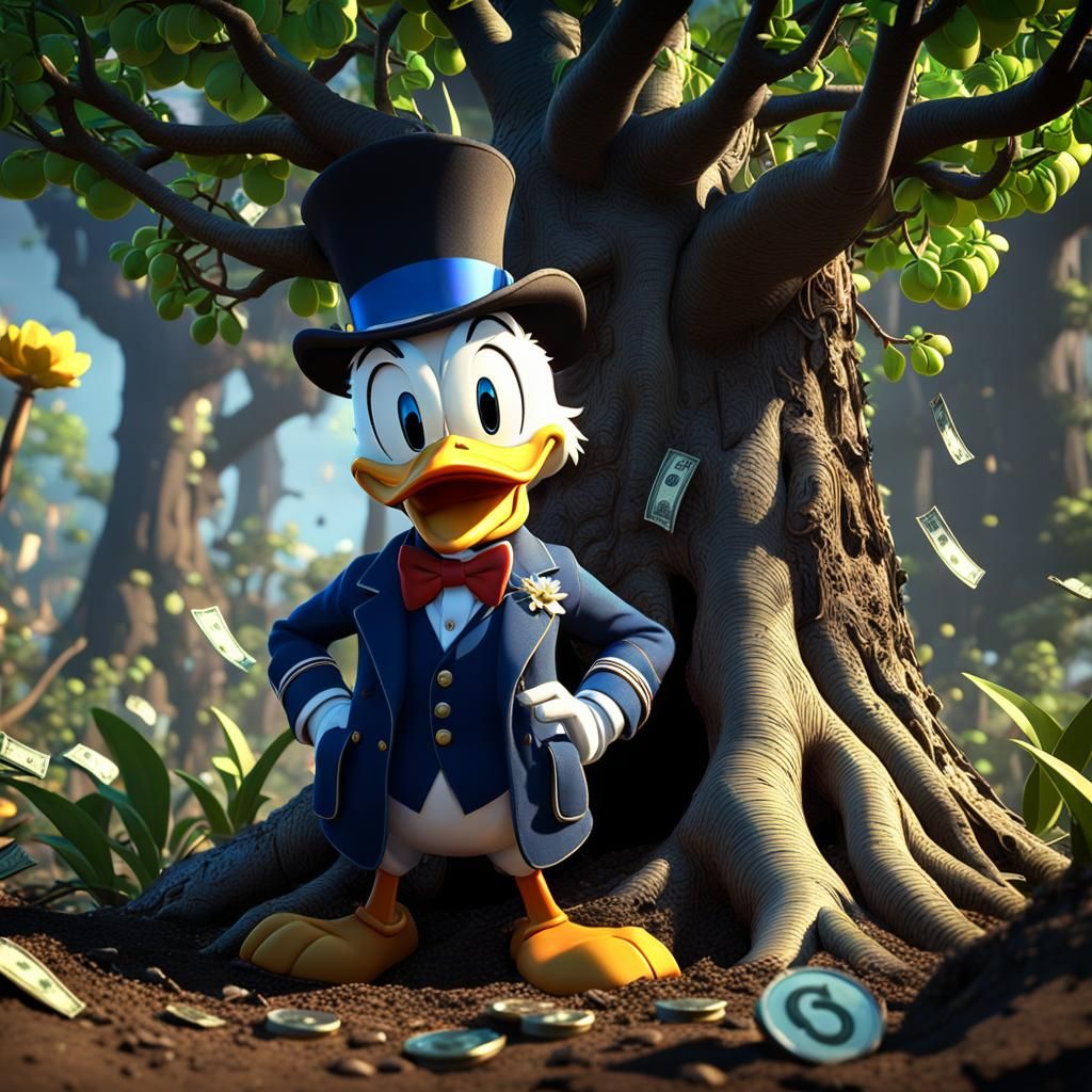 Scrooge McDuck, standing under his money tree.